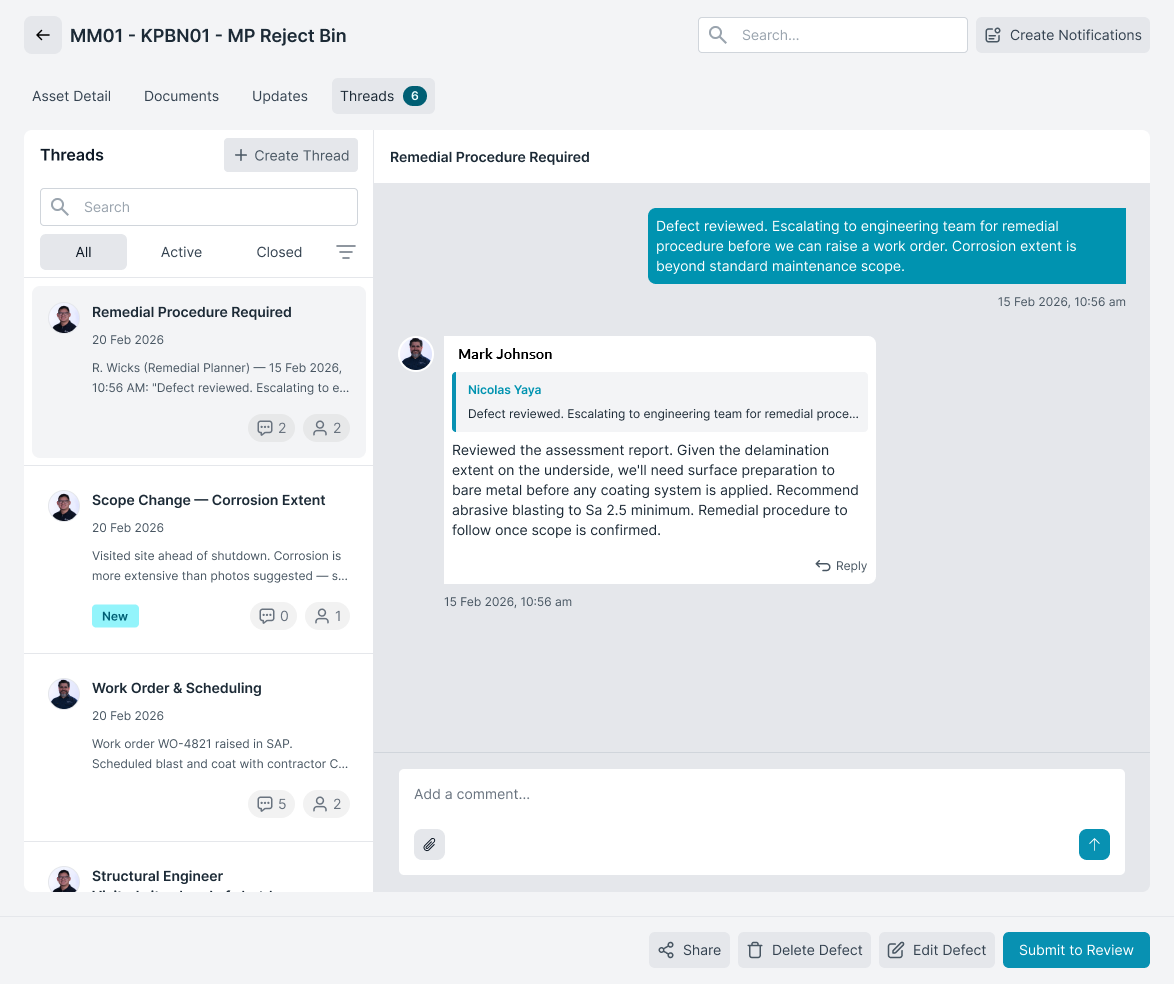 Defect activity thread with engineering comments and closure steps